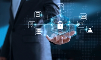 Data protection privacy concept. GDPR. EU. Cyber security network. Business man protecting his data personal information. Padlock icon and internet technology networking connection on virtual interface blue background.